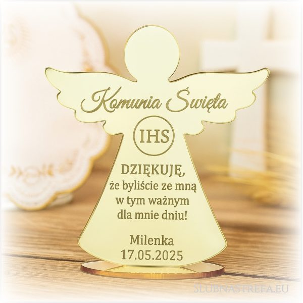 Aniołek stojący złote lustro podziękowanie dla gości KOMUNIA w zestawie z woreczkiem