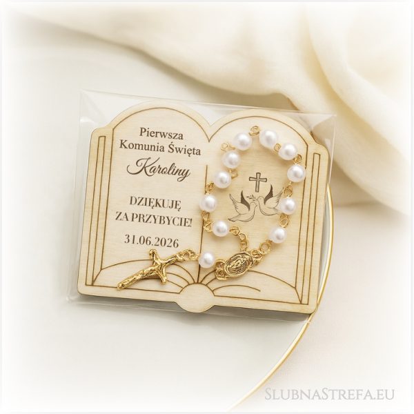 Magnes księga z różańcem. DREWNIANY. Podziękowania dla gości komunia