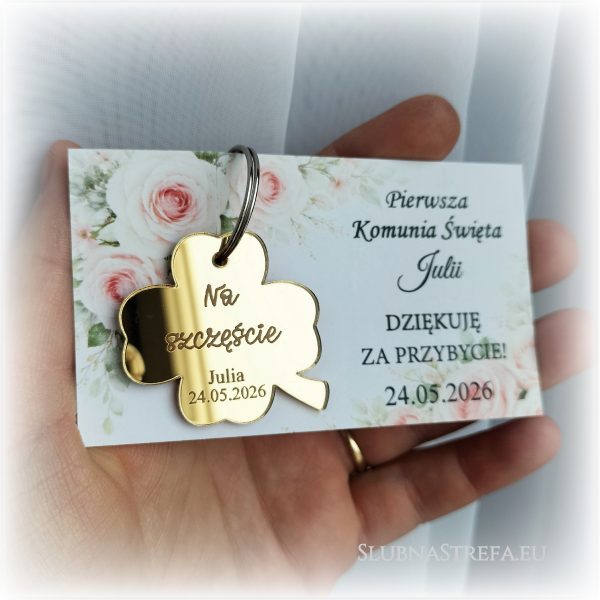 Brelok lustrzany koniczynka podziękowania dla gości KOMUNIA.